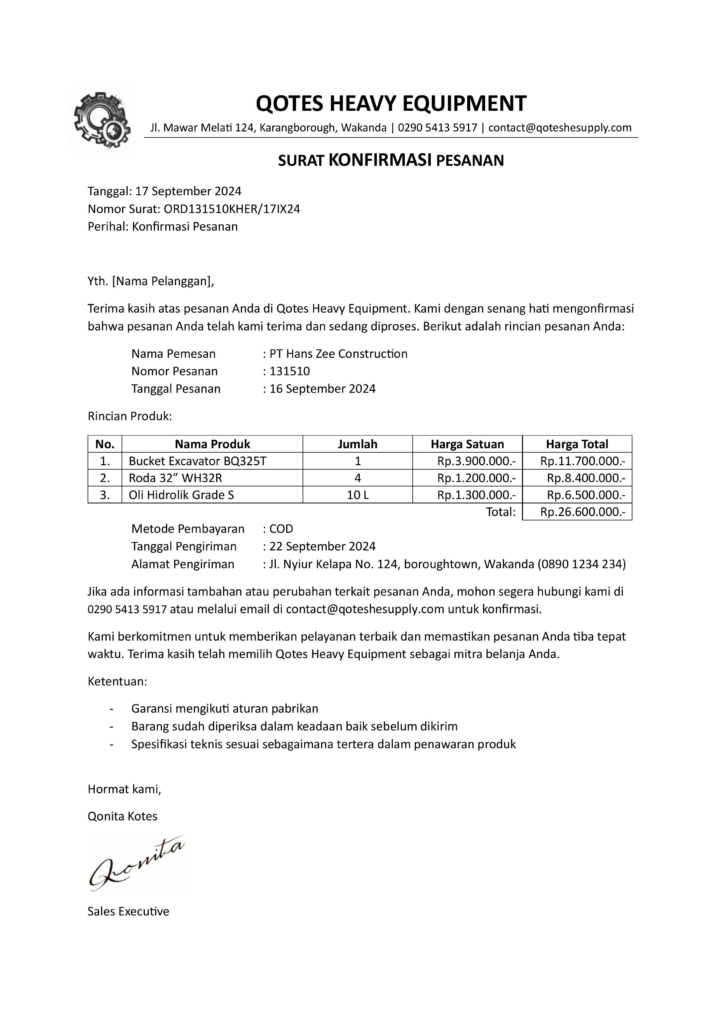 Contoh surat konfirmasi pesanan, download templatenya di sini 3