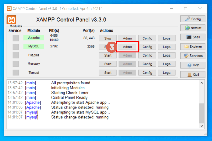 How to Install WordPress in XAMPP Localhost Right - Click Admin on the MySQL Module