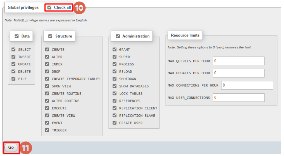 How to Install WordPress in XAMPP Localhost Right - In the Global privileges section, Check all