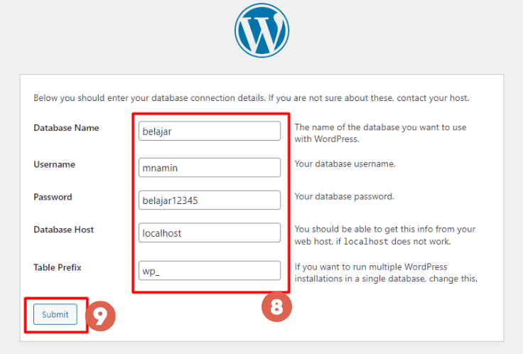 Cara Install WordPress pada XAMPP Localhost - database connection details