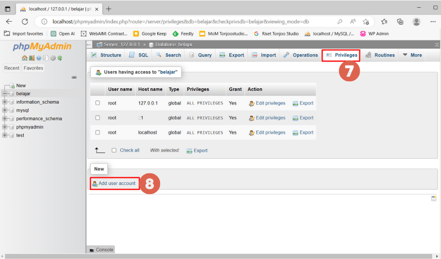 Cara Install WordPress pada XAMPP Localhost - phpmyadmin privilege create user account