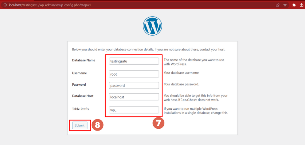 Cara install wordpress di wampserver - submit database name