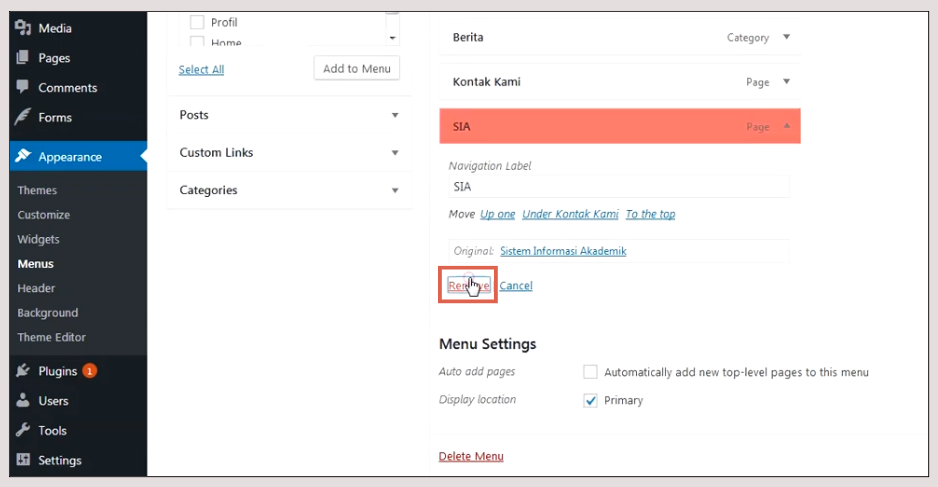 cara hapus menu navigasi di WordPress