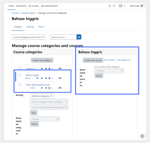 cara membuat kategori di Moodle