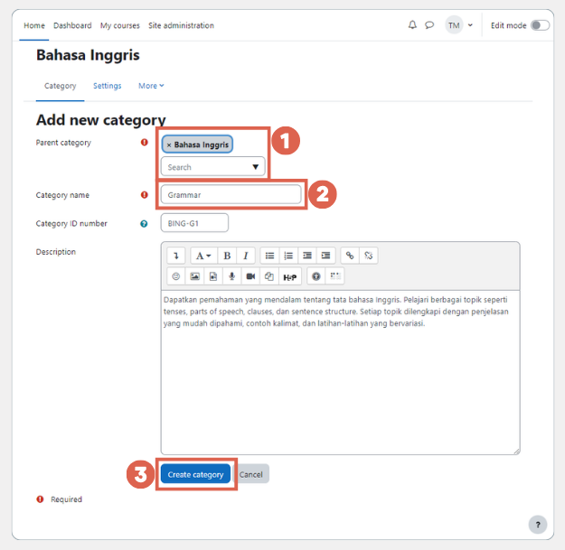 cara membuat kategori di Moodle