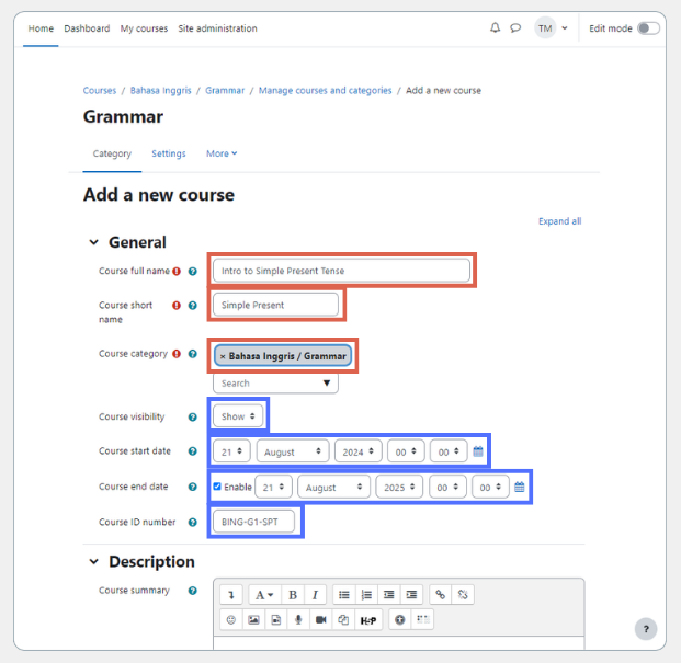 cara membuat course di moodle