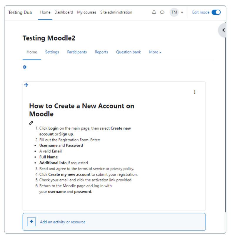 membuat panduan pendaftaran akun pengguna di moodle