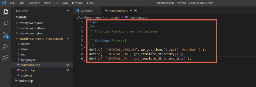 Memasukkan code define version dan direktori ke dalam file functions.php
