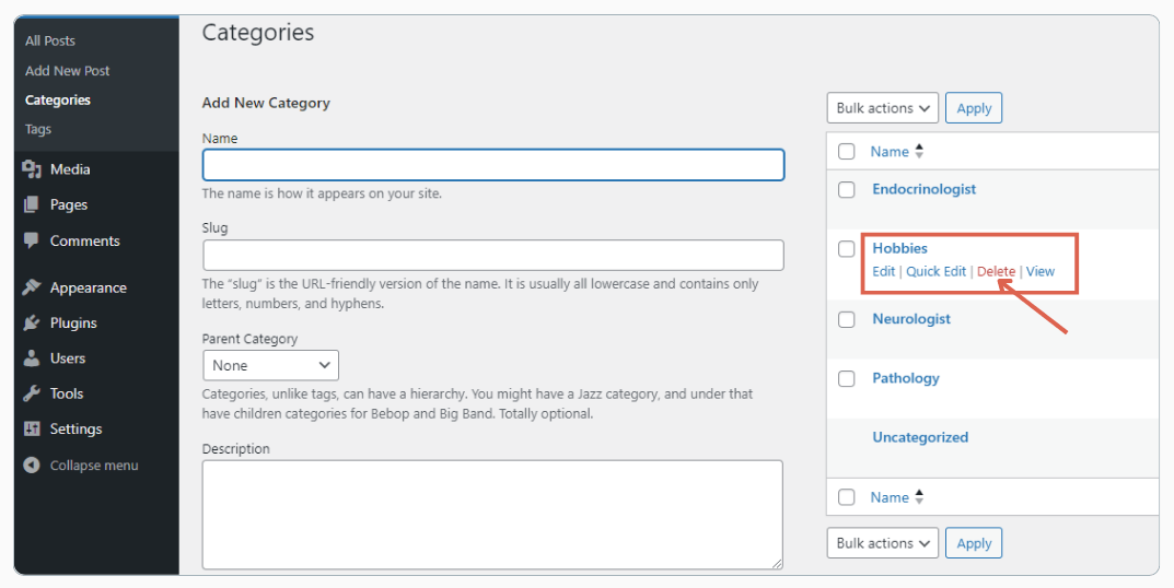 how to delete category in wordpress