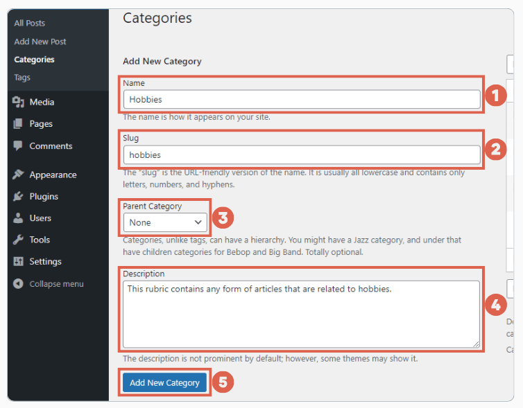 create new category in wordpress