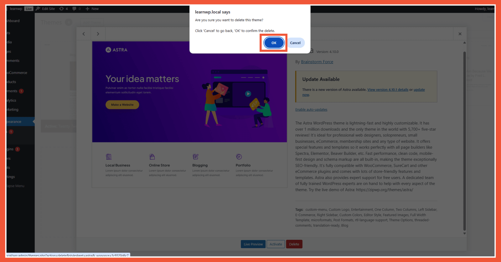 klik ok untuk konfirmasi penghapusan tema wordpress