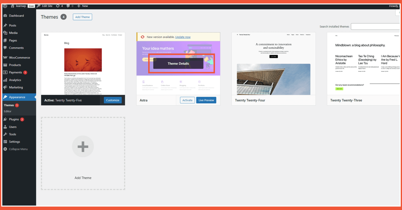 Pilih themes yang ingin dihapus _ klik theme details