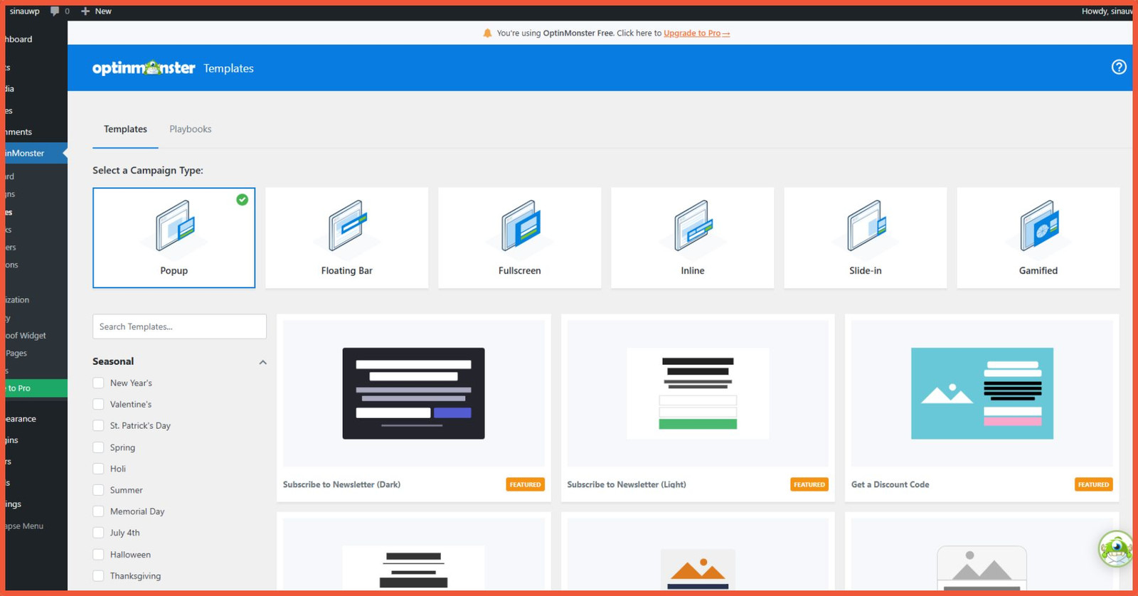 Pilih template optinmonster yang akan dipakai