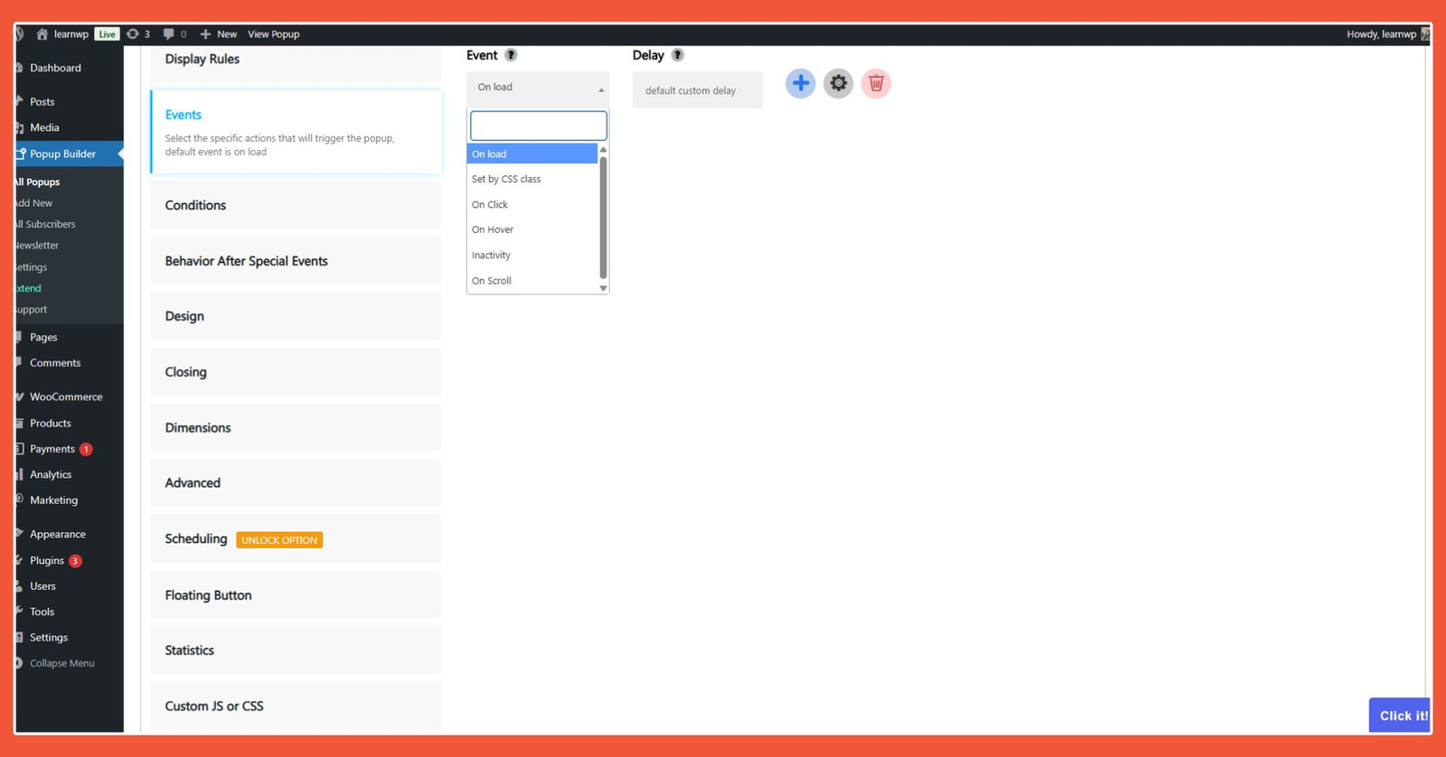 Popup Builder - Event Pemilihan waktu kapan popup akan muncul