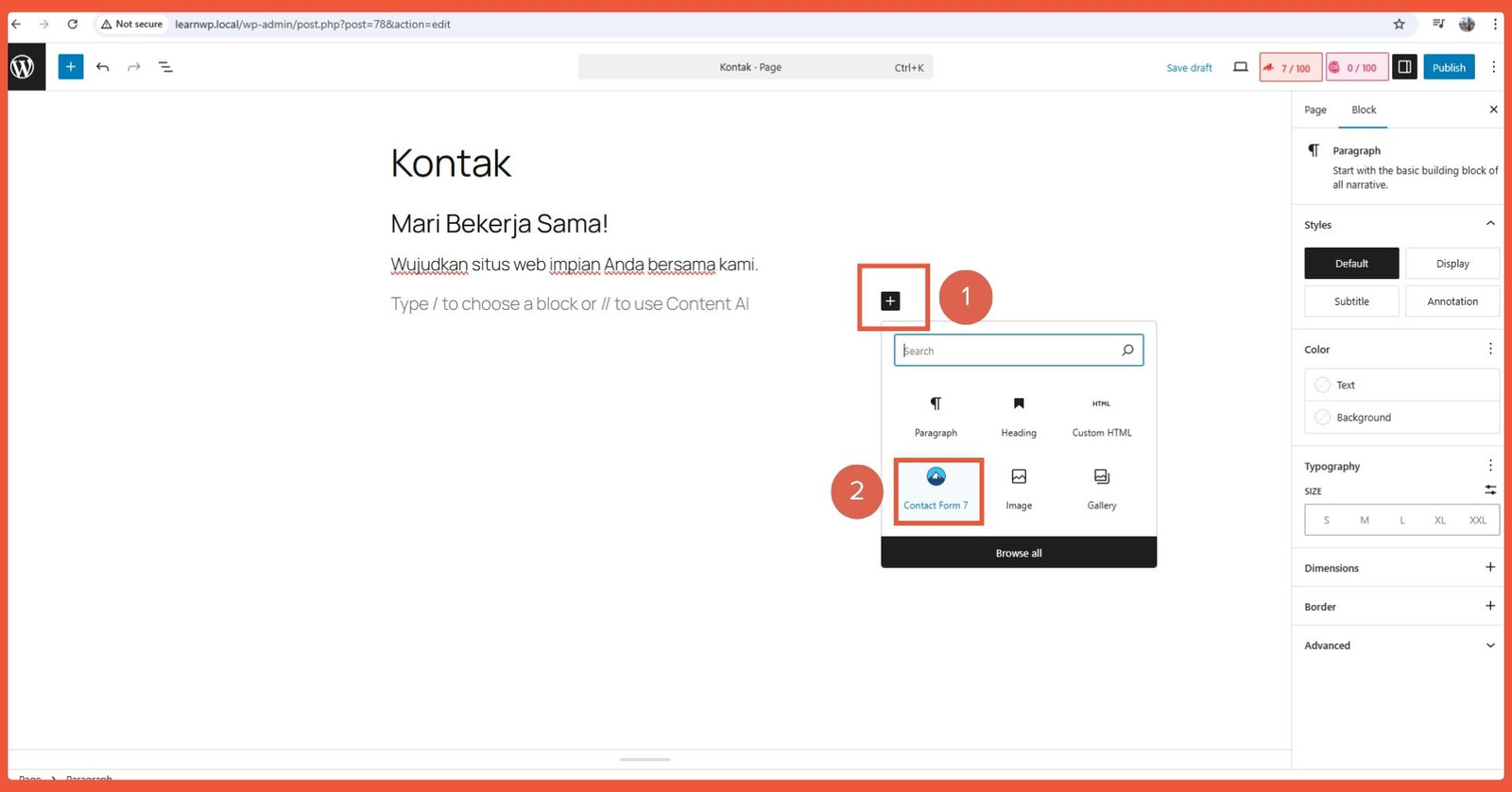 [Cara Buat Halaman Kontak dengan Gutenberg menggunakan plugin Contact Form 7] Klik ikon + _ Contact Form 7