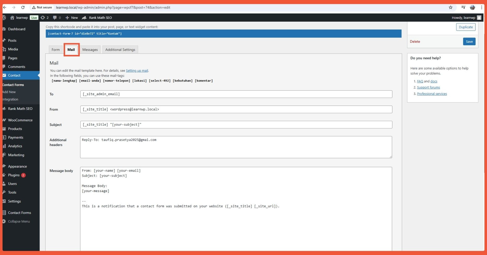 [Cara membuat form menggunakan Plugin Contact Form 7] Konfigurasi email