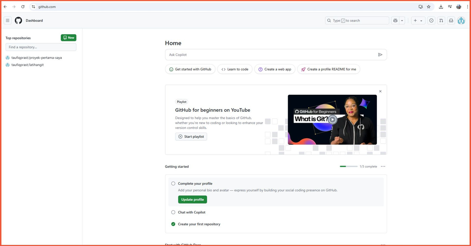Tampilan dashboard GitHub