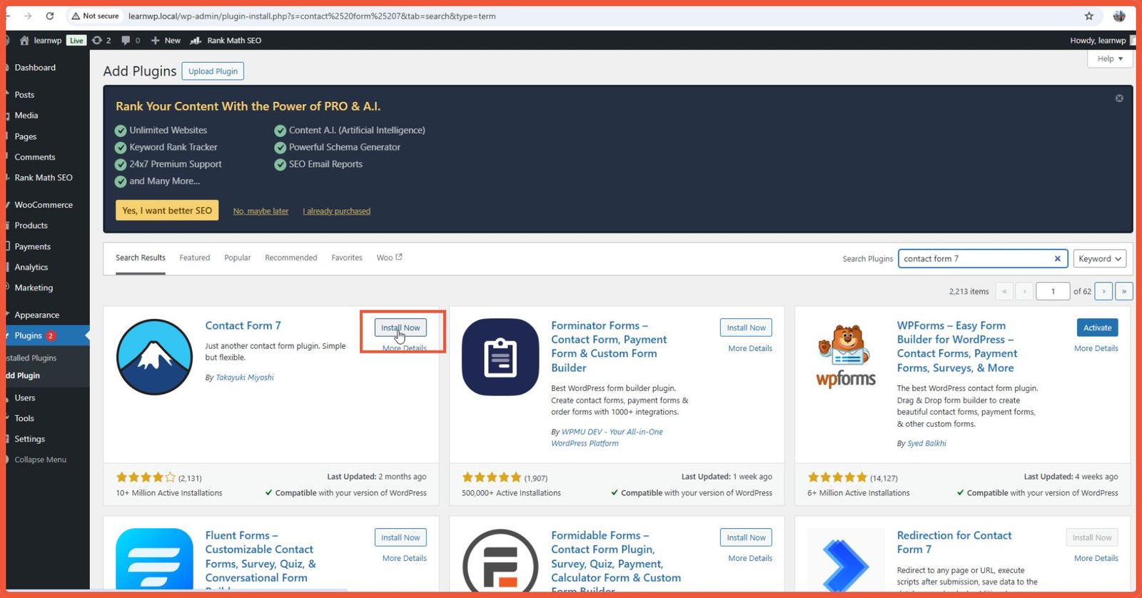 [Install Plugin Contact Form 7] Cari“Contact Form 7” di kotak pencarian, jika sudah ketemu, silakan klik Install Now