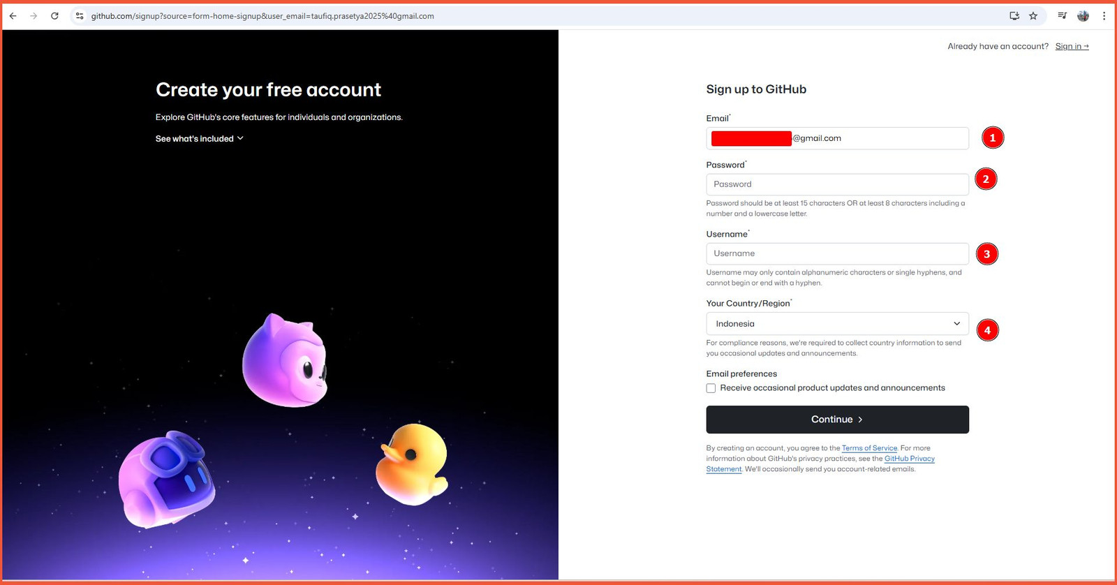Isi field email pembuatan akun GitHub - Cara membuat akun Github