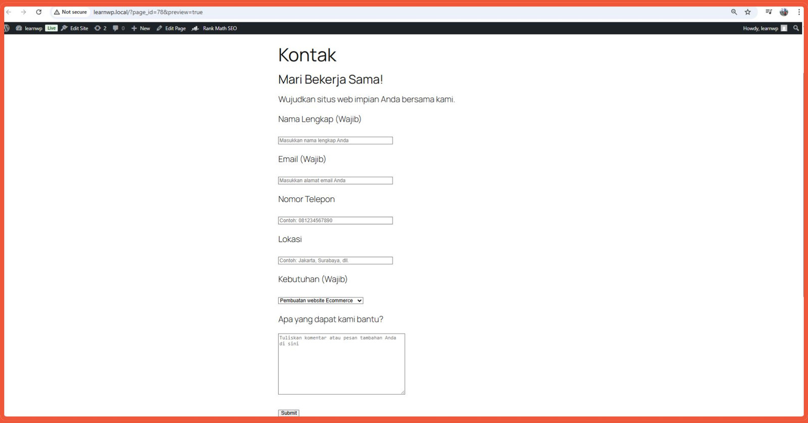 cara membuat form kontak di Gutenberg - Tampilan form kontak