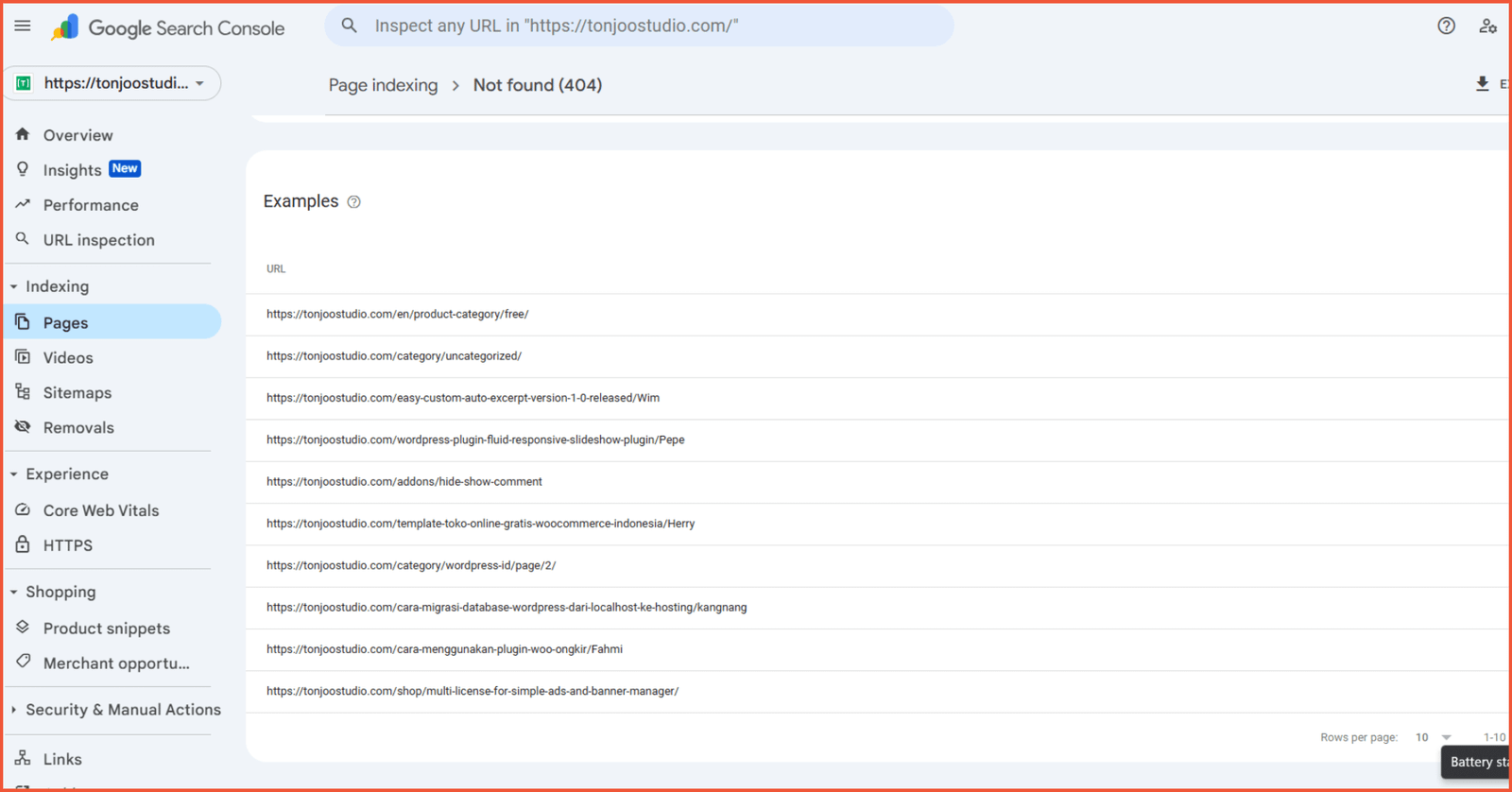 Audit for 404 Not Found Errors using google search console