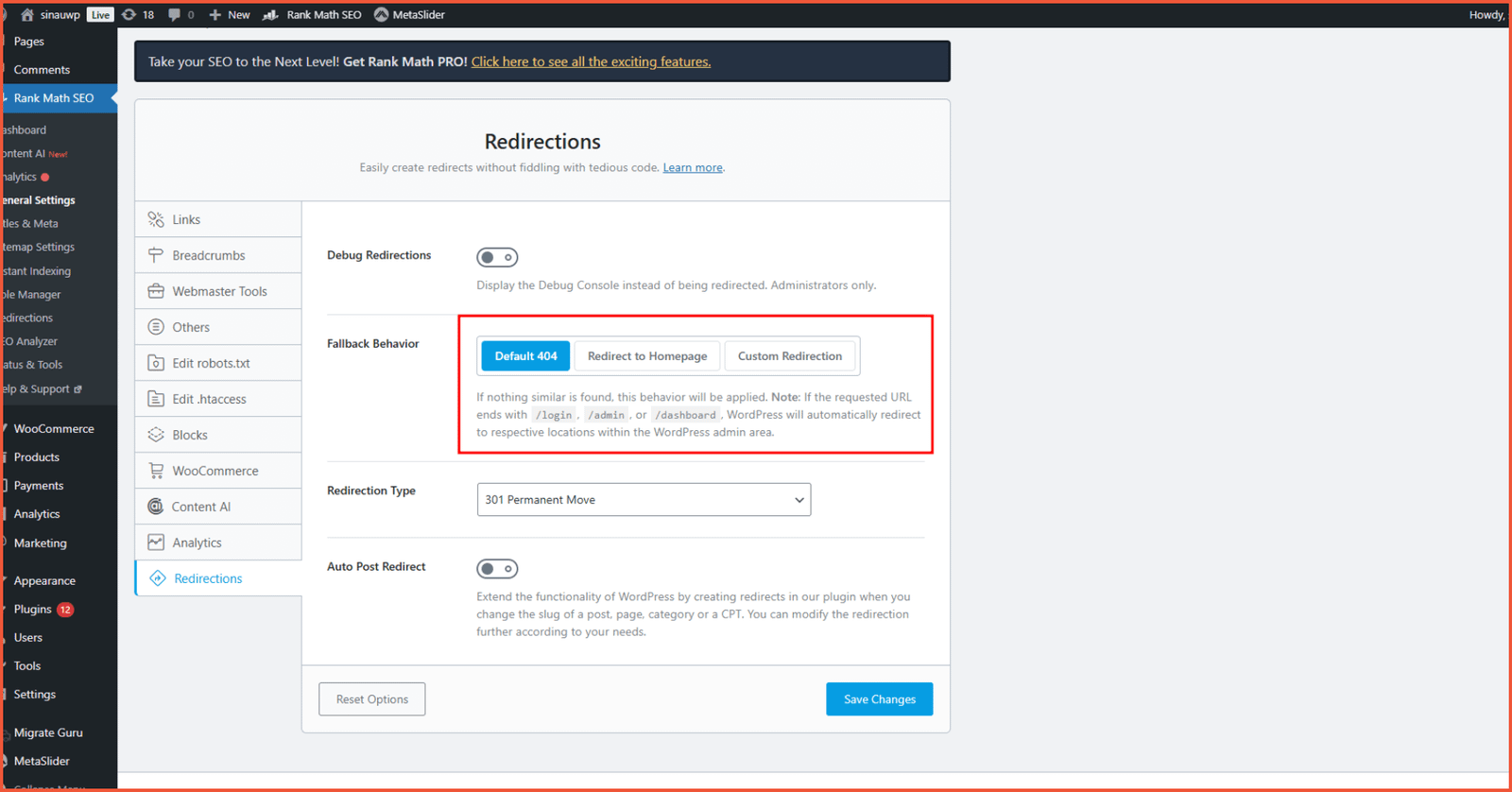 Example of 404 Not Found redirect settings in the Rank Math SEO plugin